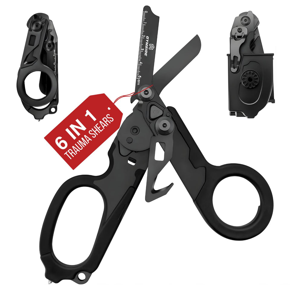 Gymsire heavy-duty 6in1 foldable trauma shears for quick emergency access.