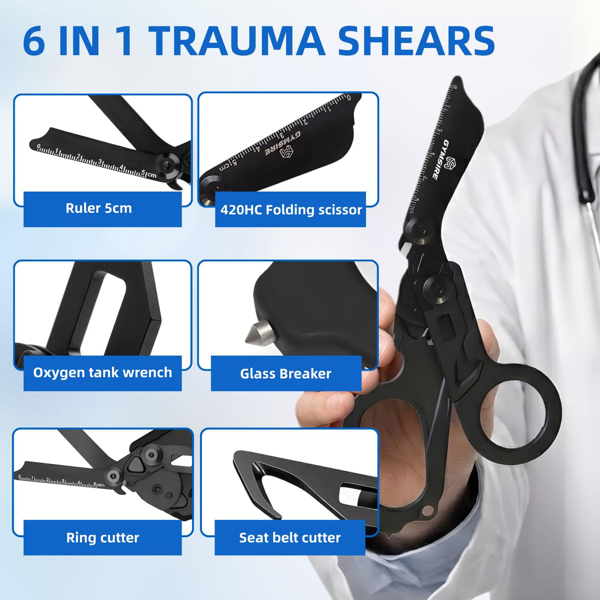 Gymsire stainless steel emergency scissors with rust-resistant durability.