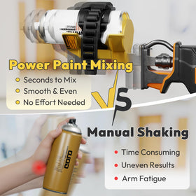 Gyndi spray can mixer attached to a reciprocating saw for quick blending.