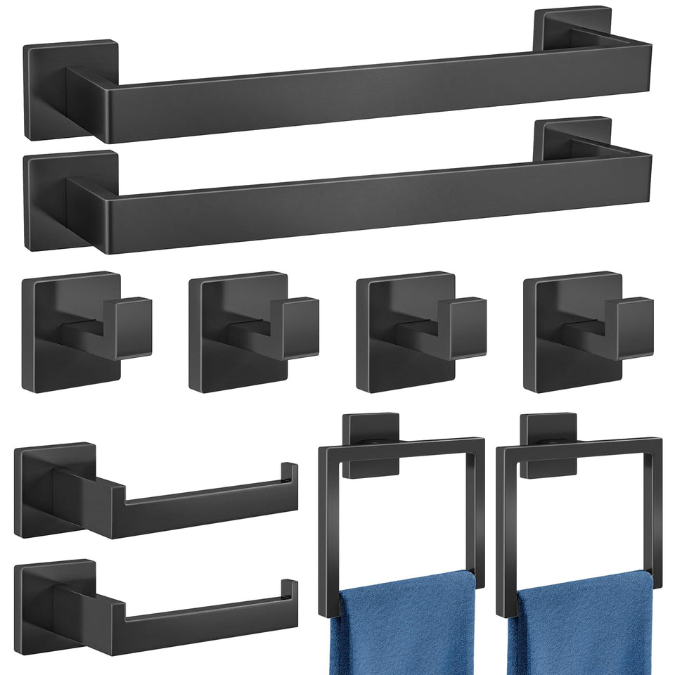 Gypie 16-inch towel bars in matte black offer a sleek, cohesive bathroom look.