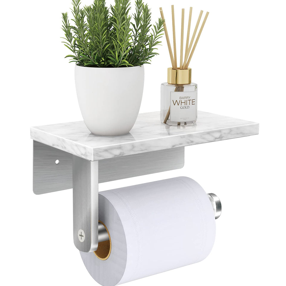 Gypie brushed nickel toilet paper holder with marble shelf front view, durable in wet bathrooms.