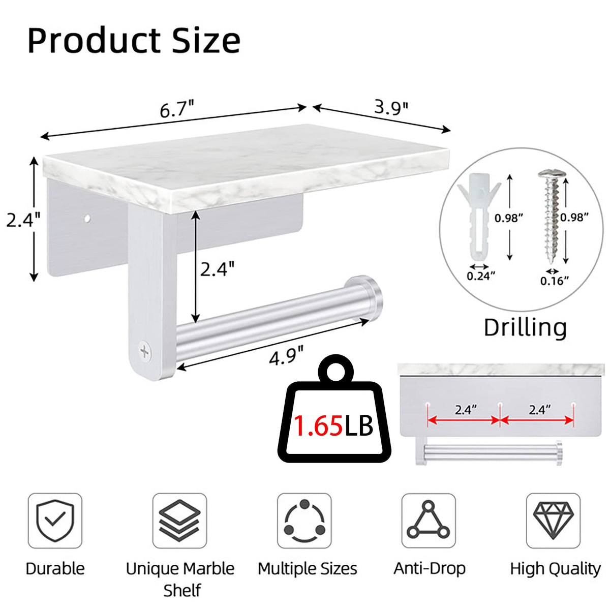 Wall mounted Gypie holder with marble shelf seen from top angle.
