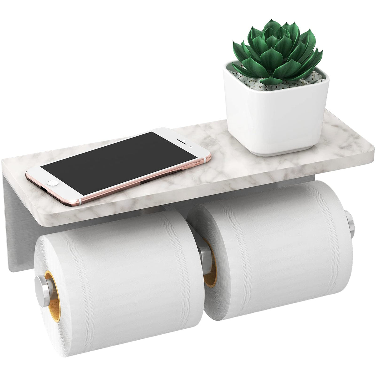 Gypie brushed nickel holder with shelf in a sleek bathroom setup for organization.