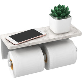 Gypie brushed nickel holder with shelf in a sleek bathroom setup for organization.