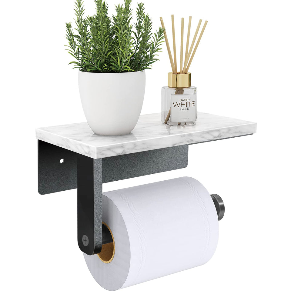 Gypie marble toilet paper holder with shelf mounted, sturdy and elegant.