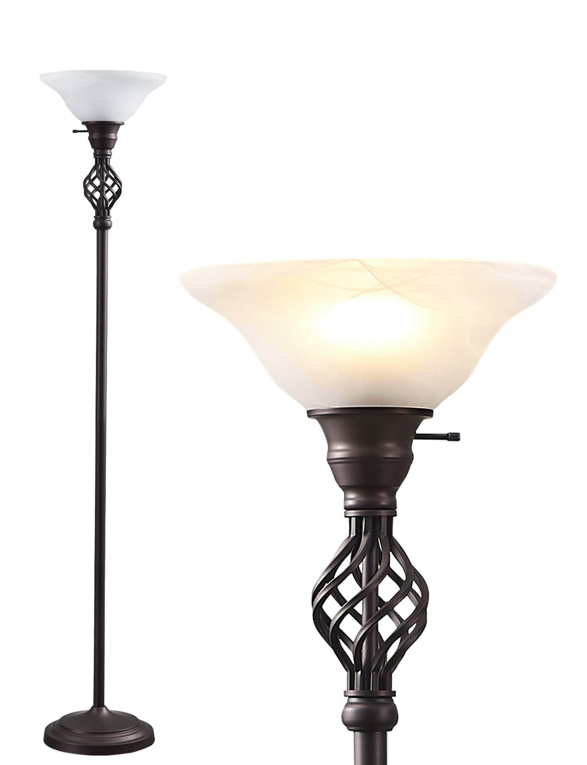 GyroVu Torchiere lamp with glass shade and swirl details enhances living room ambiance.