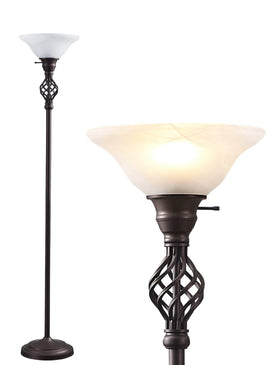 GyroVu Torchiere lamp with glass shade and swirl details enhances living room ambiance.