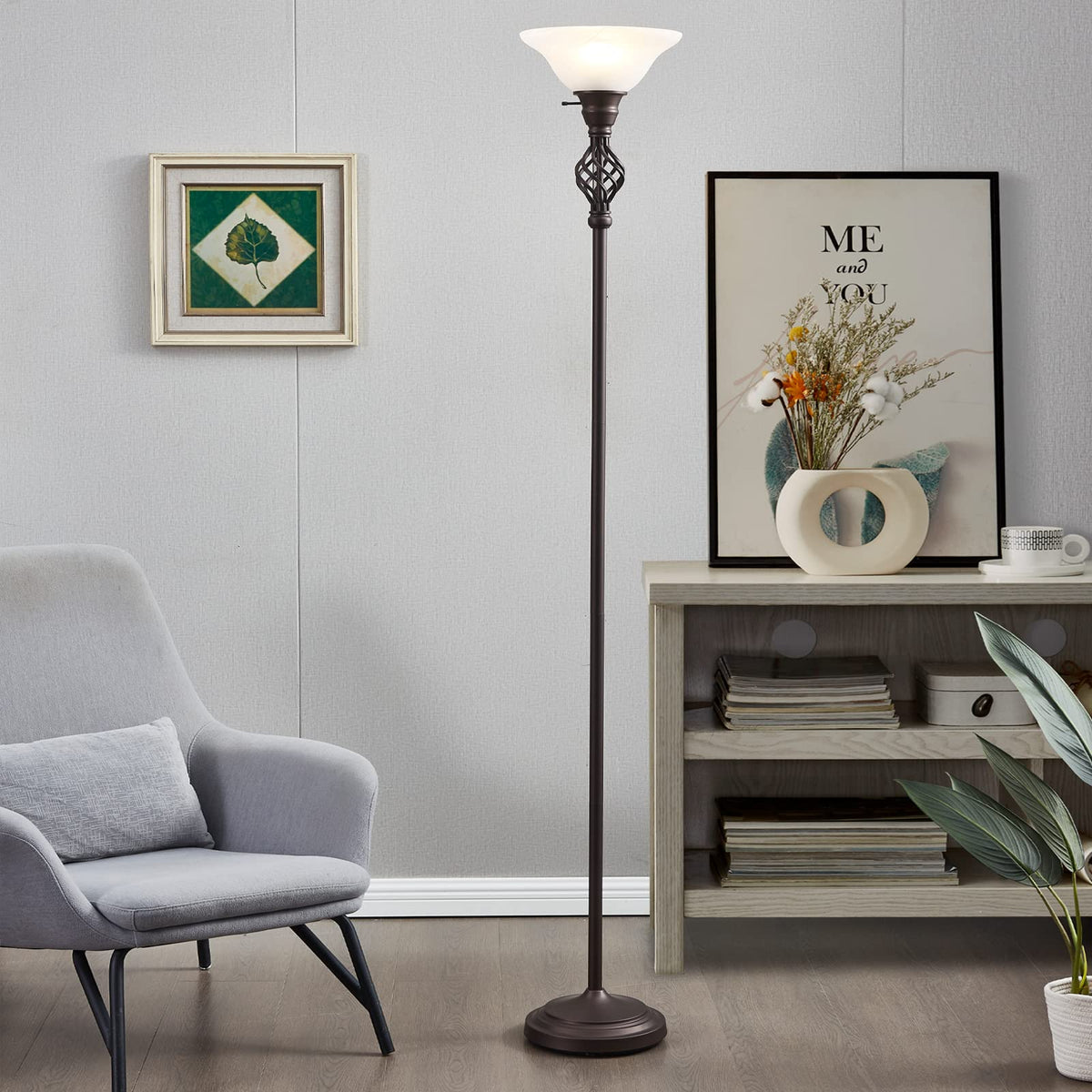 GyroVu torchiere includes a ready-to-use LED bulb for instant lighting.