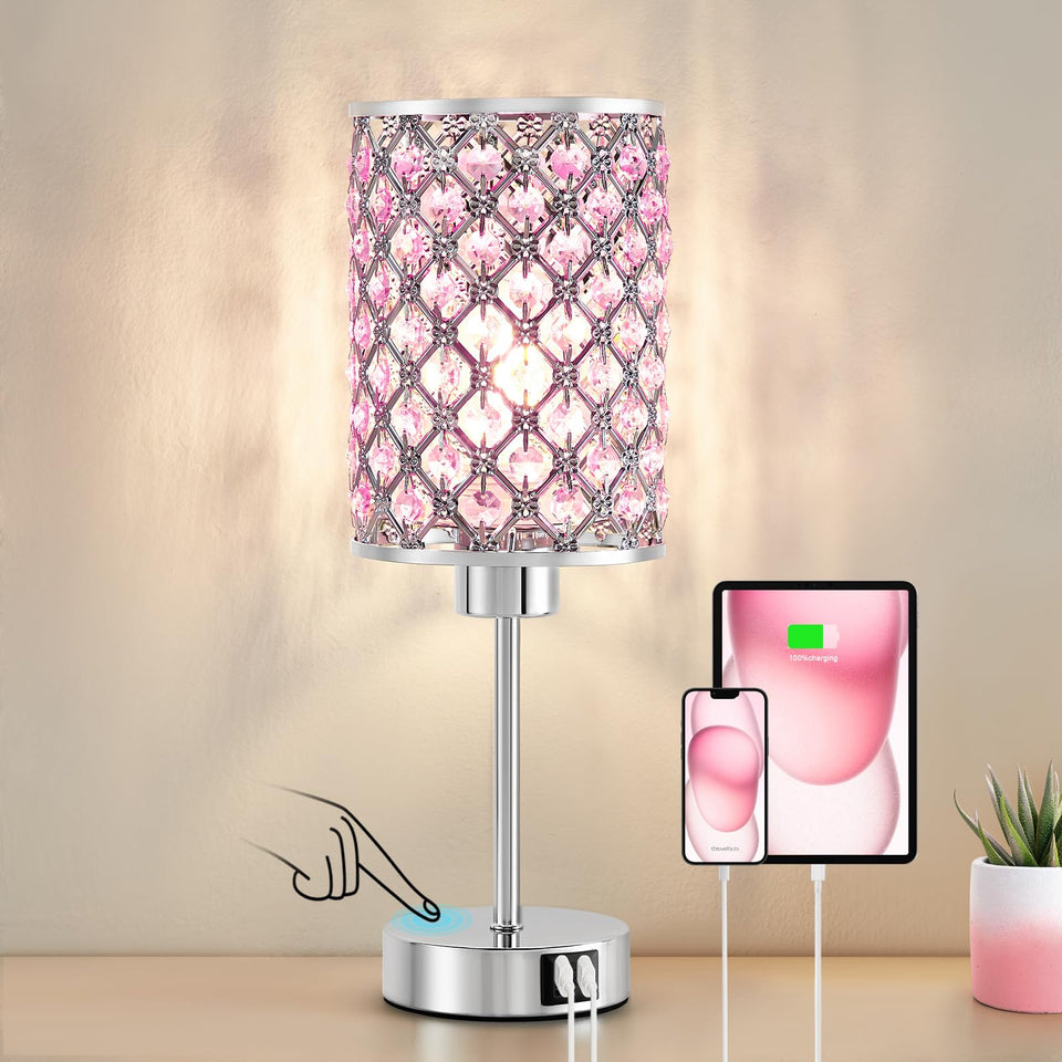 GyroVu Crystal Table Lamp with pink shade provides soft ambient light