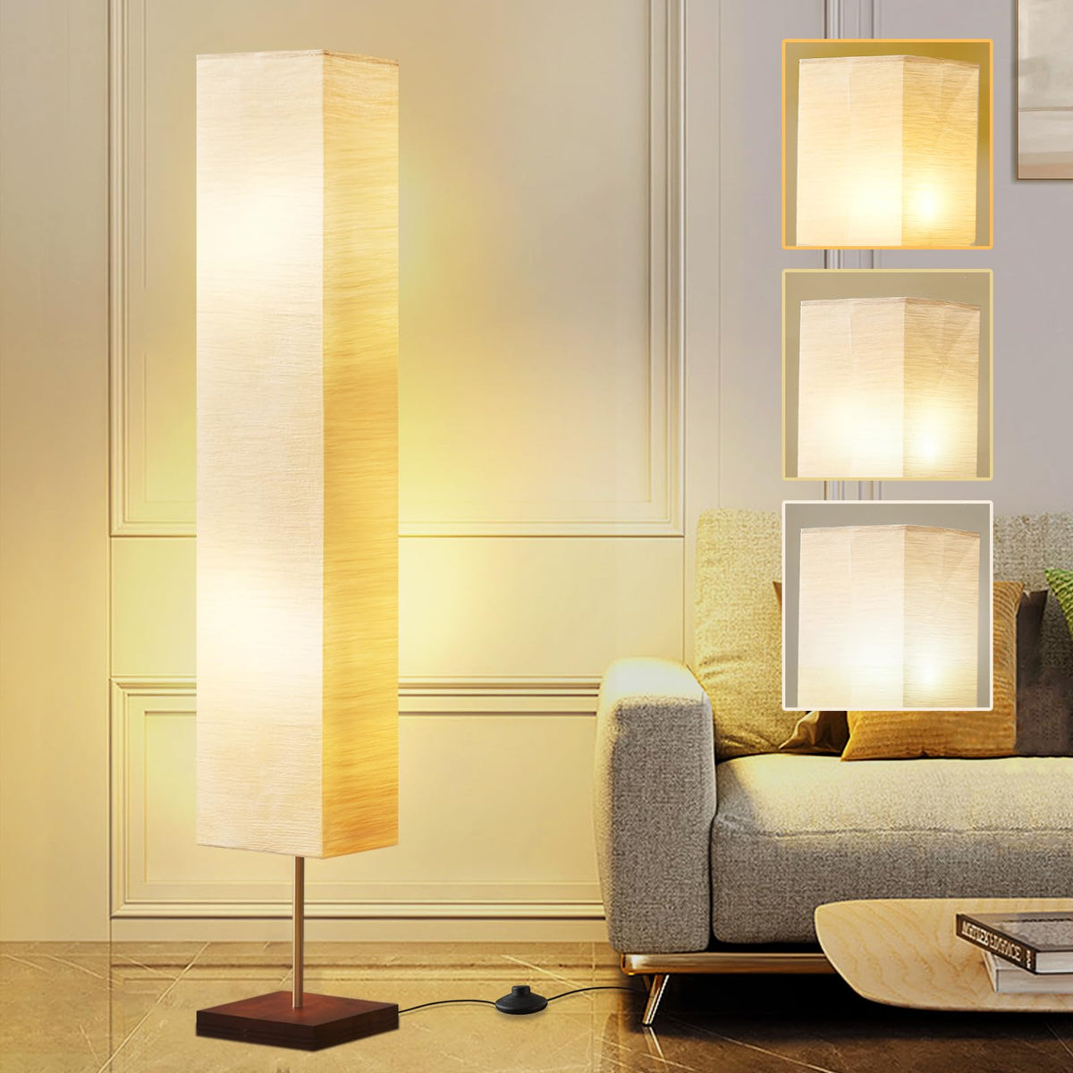 GyroVu floor lamp with beige shade and walnut base in a cozy living room.