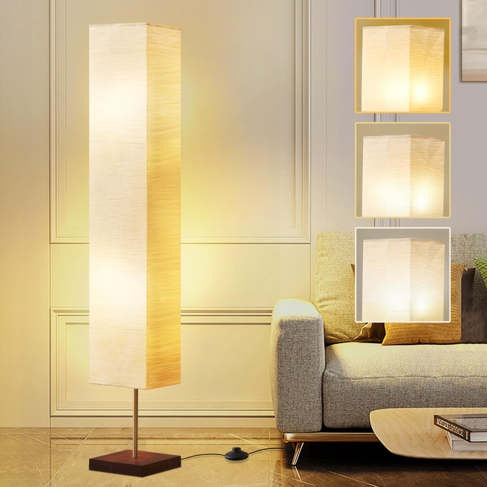 GyroVu floor lamp with beige shade and walnut base in a cozy living room.