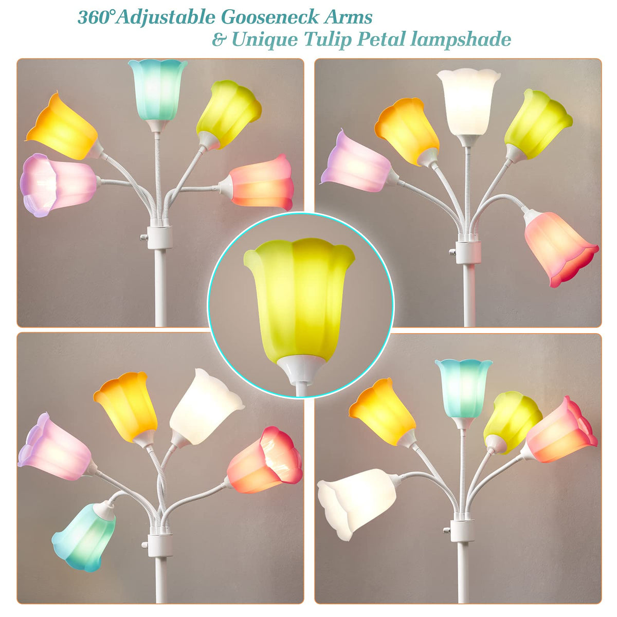 GyroVu Medusa LED floor lamp features six tulip petal shades in bright colors.