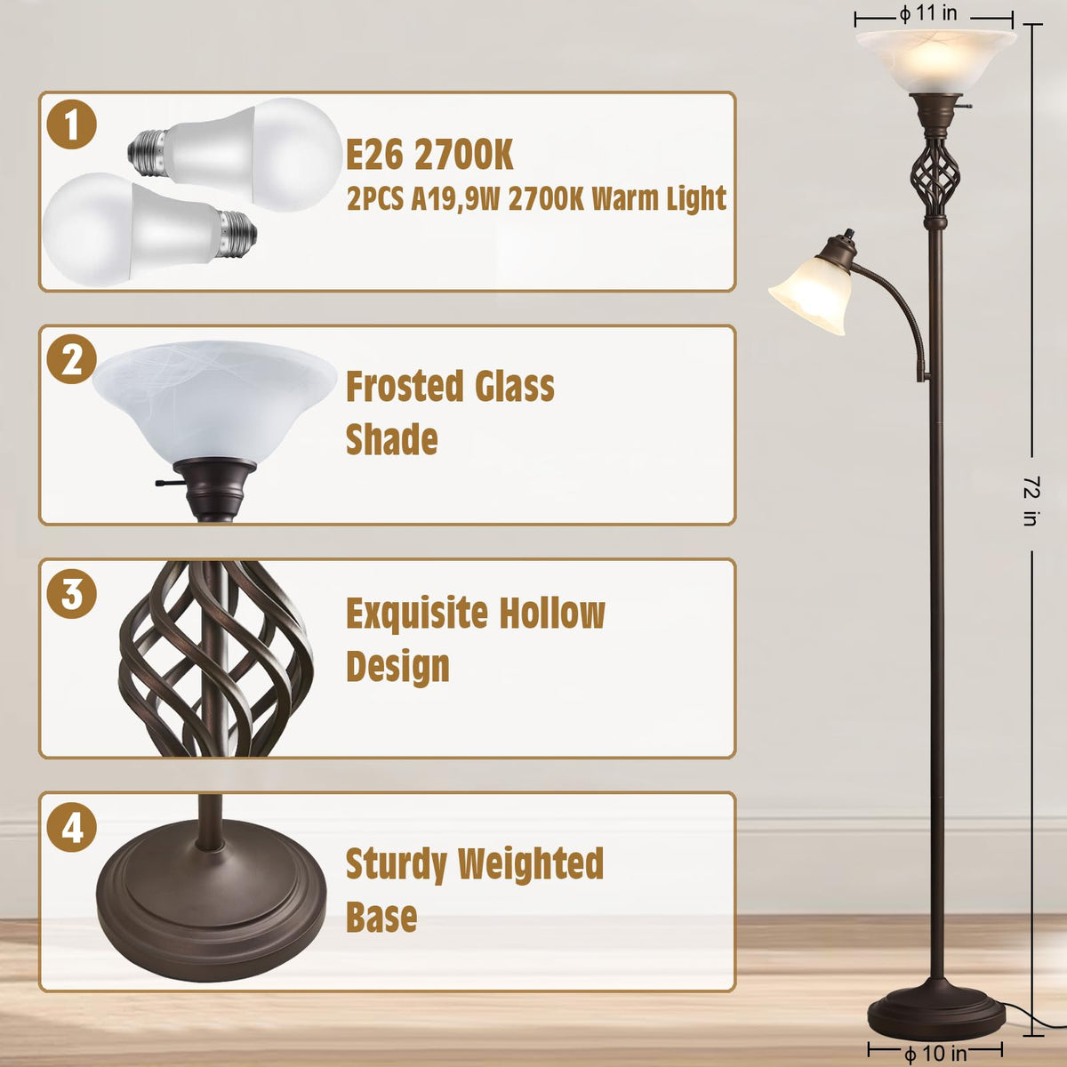 GyroVu torchiere lamp base provides stable corner lighting for bedrooms and offices.
