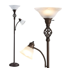 GyroVu torchiere lamp with glass shade and two heads for versatile living room lighting.