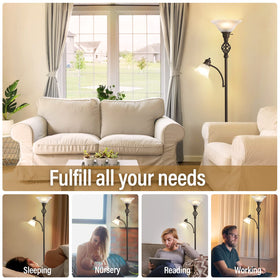 GyroVu glass shade torchiere creating warm ambience in a living room.