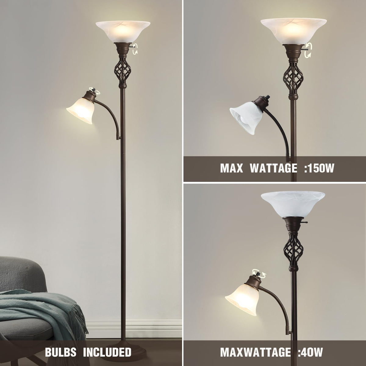 GyroVu torchiere lamp with rotary switch for easy on/off control.