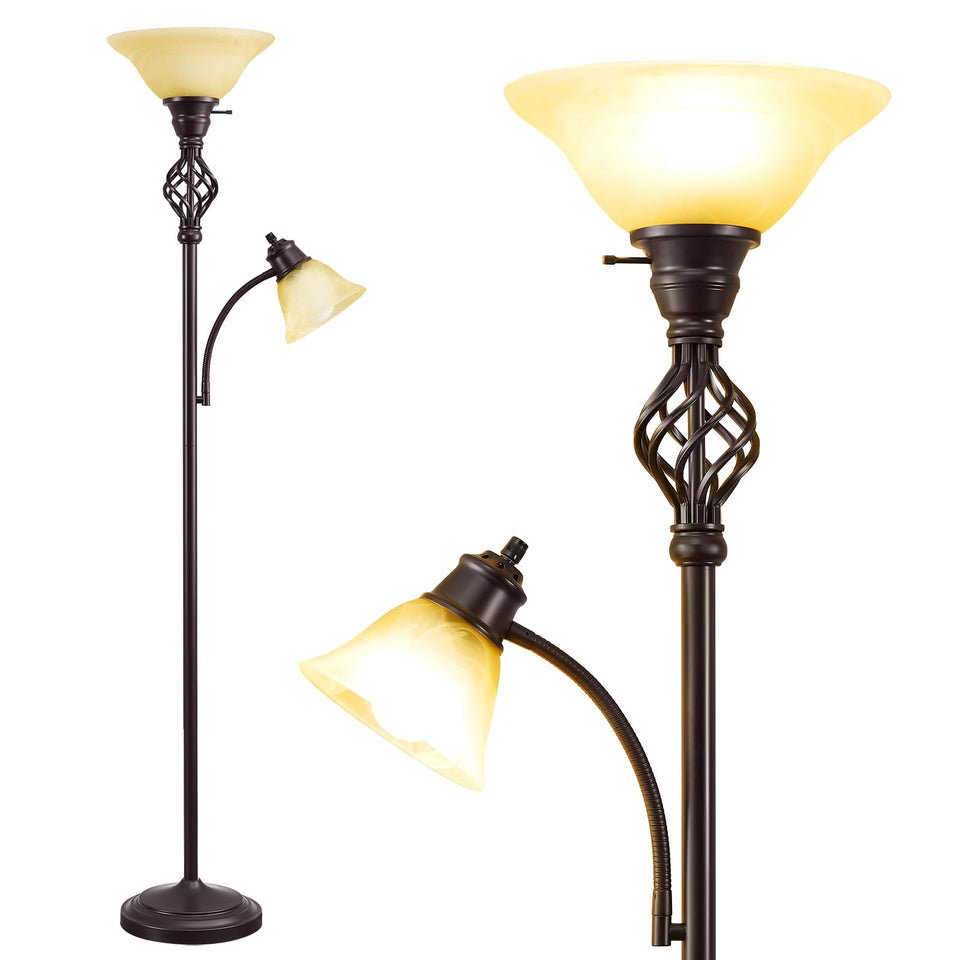 GyroVu torchiere lamp with glass shade and two heads for bright, versatile reading.