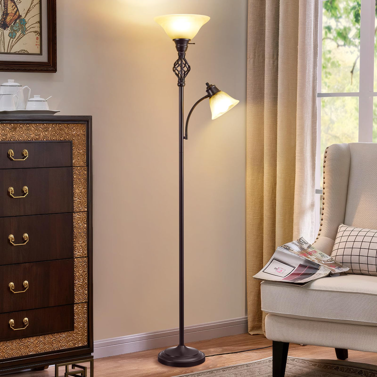 Living room setup featuring the GyroVu lamp with ambient lighting and focal point.