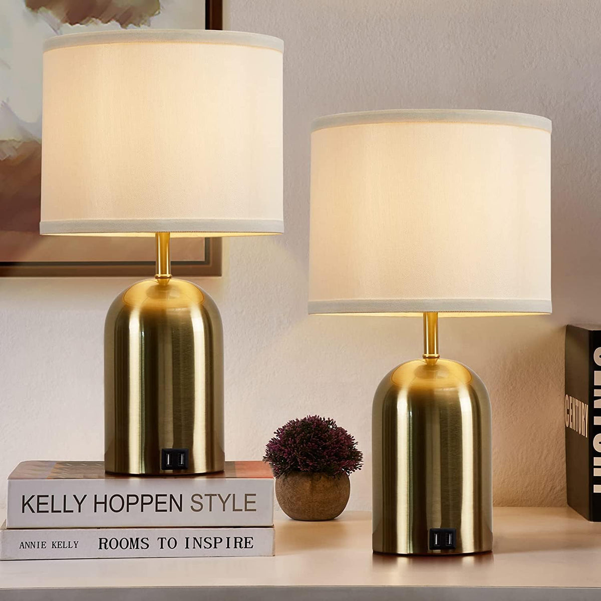 GyroVu touch-control table lamp with gold base, ideal for bedrooms.