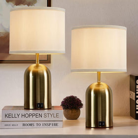 GyroVu touch-control table lamp with gold base, ideal for bedrooms.