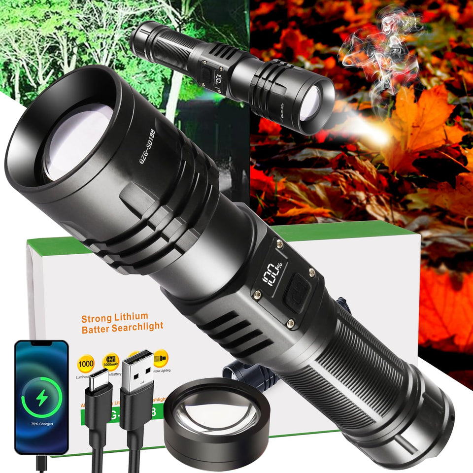 GZGLUZ rechargeable LED flashlight with a powerful 10000-lumen beam for outdoor use.