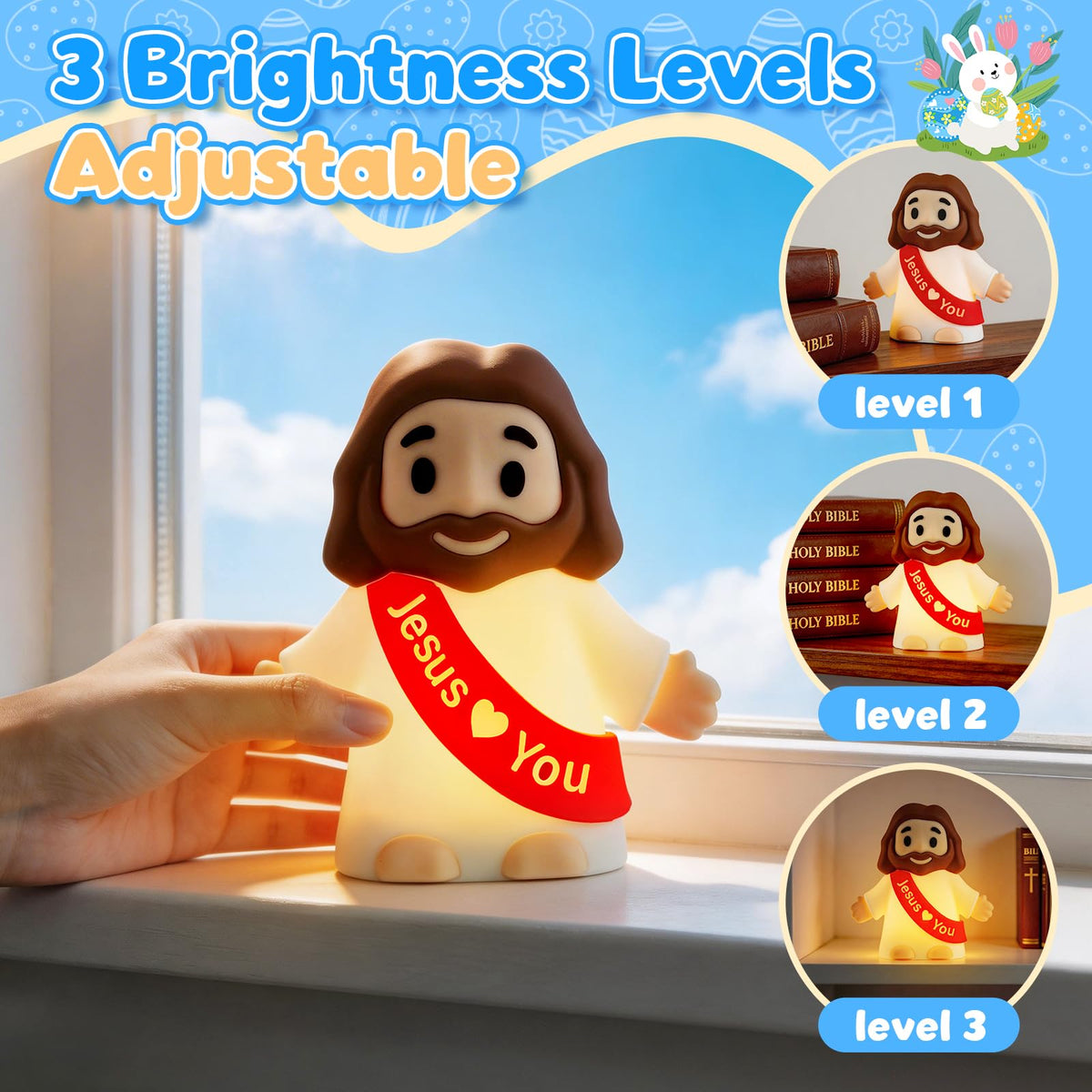 GZJQW Jesus Night Light powered by battery for cordless placement.