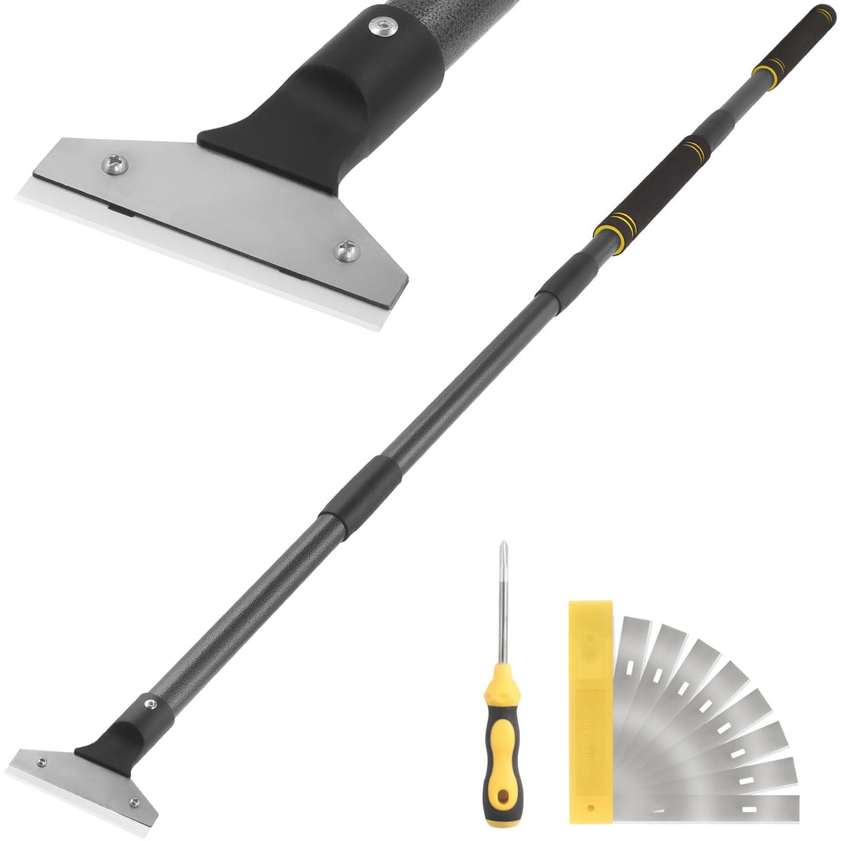 Gzlozak floor scraper long handle extended for hard-to-reach areas and easier use.