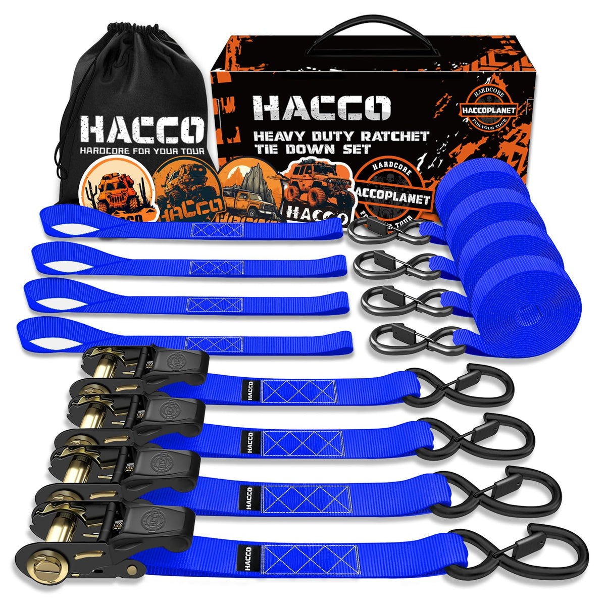 Haccoplanet blue ratchet tie-down strap with padded handle secures cargo.