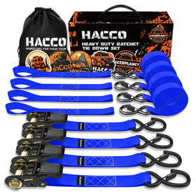 Haccoplanet blue ratchet tie-down strap with padded handle secures cargo.