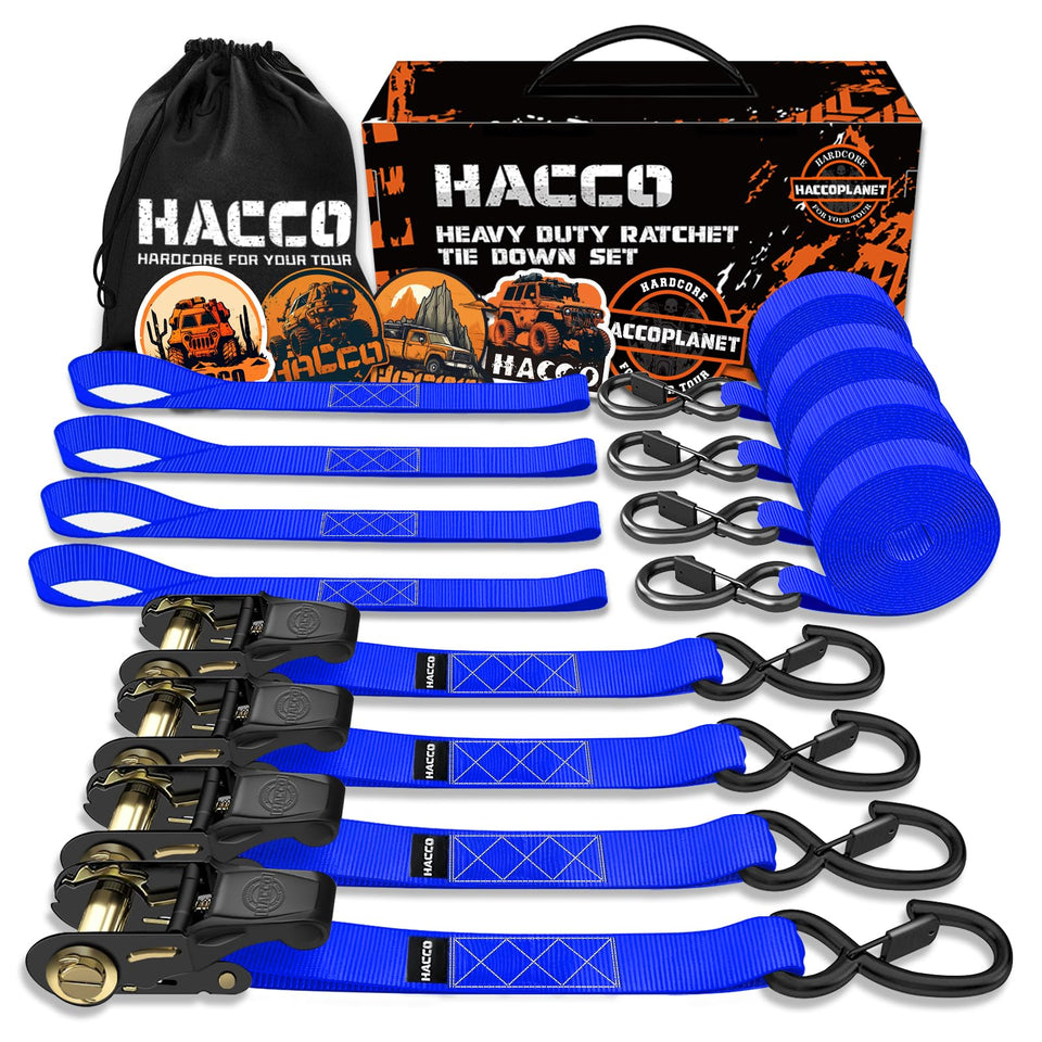 Haccoplanet blue ratchet tie-down strap with padded handle secures cargo.