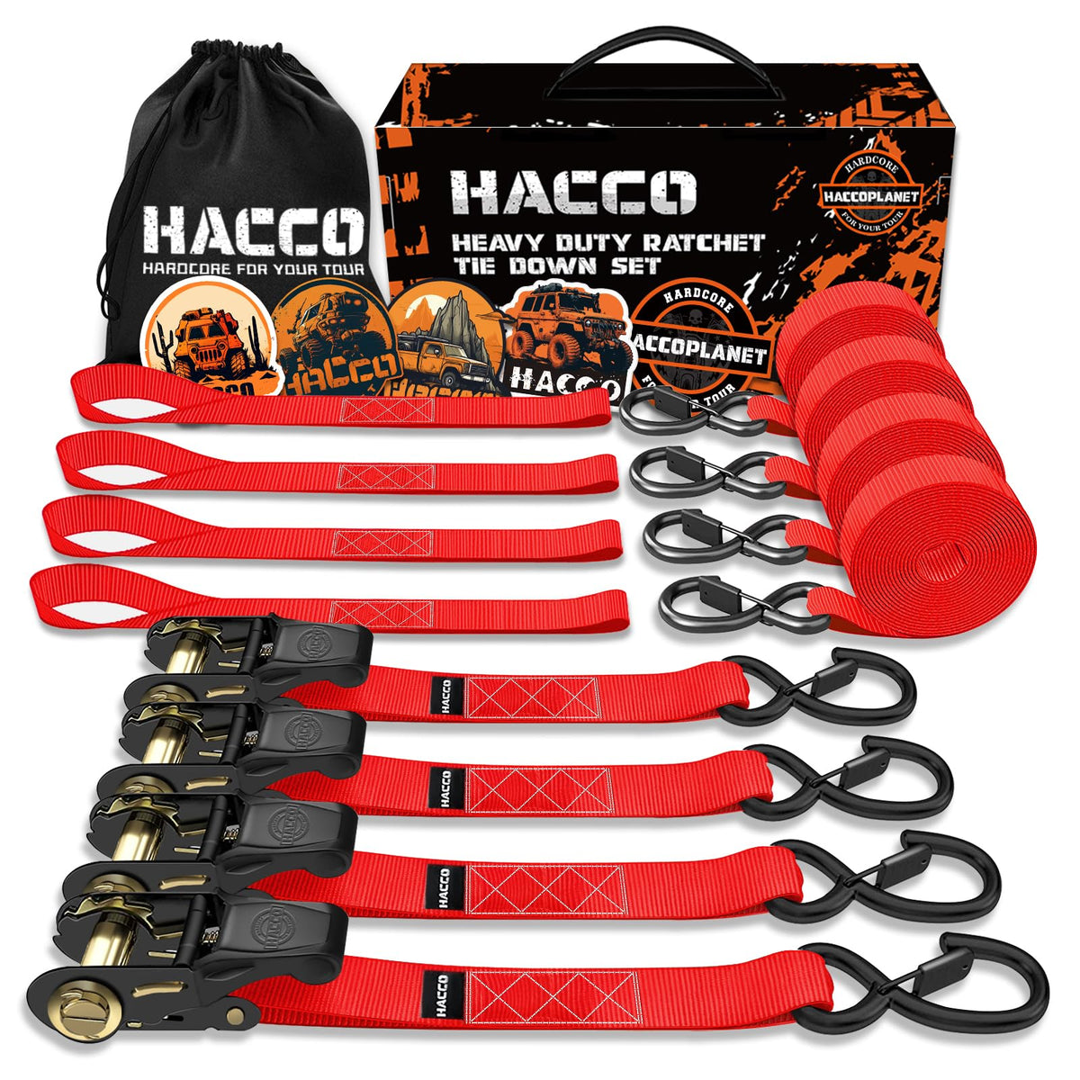 Haccoplanet ratchet tie-down pack with four straps securing trailer cargo