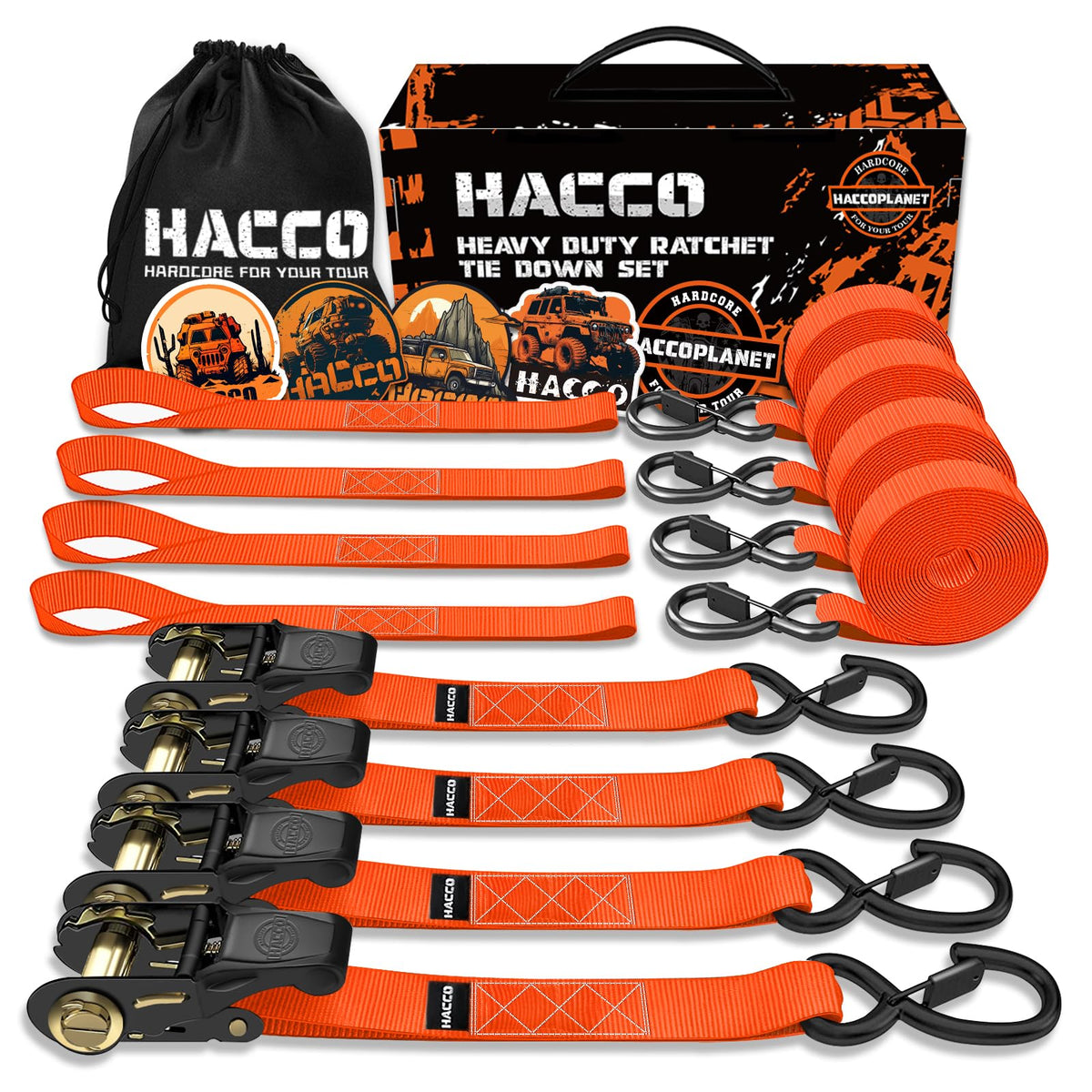 Haccoplanet ratchet tie-down straps securing cargo on a trailer