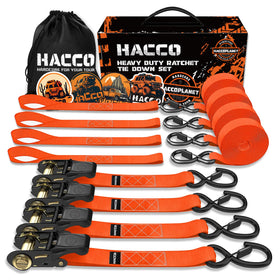 Haccoplanet ratchet tie-down straps securing cargo on a trailer
