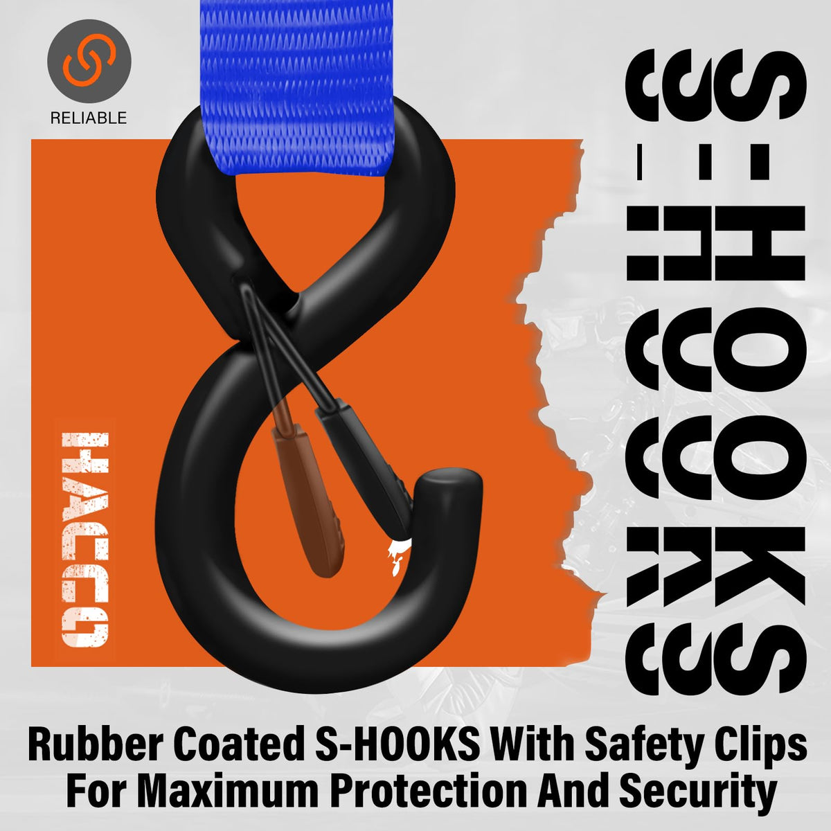 Haccoplanet rubber-coated S-hooks with safety clip prevent slippage.