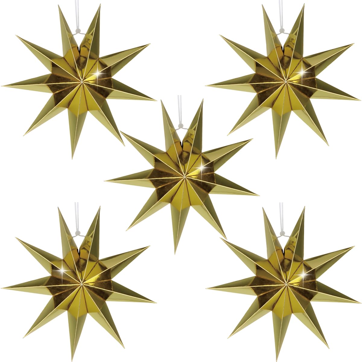HADEEONG 5-pack 9-point star lantern closeup adds shimmering gold texture to festive decor.