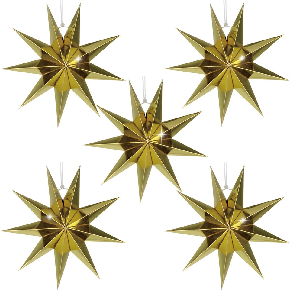 HADEEONG 5-pack 9-point star lantern closeup adds shimmering gold texture to festive decor.