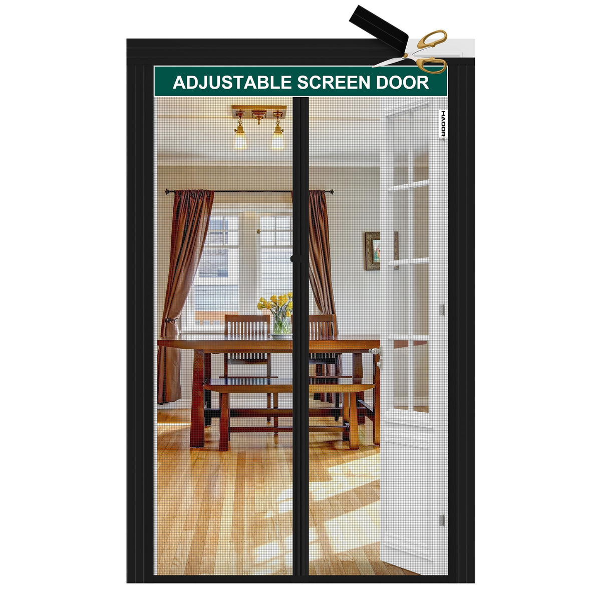 HADOR adjustable screen door shows wide strips for easy sizing and durable fit.