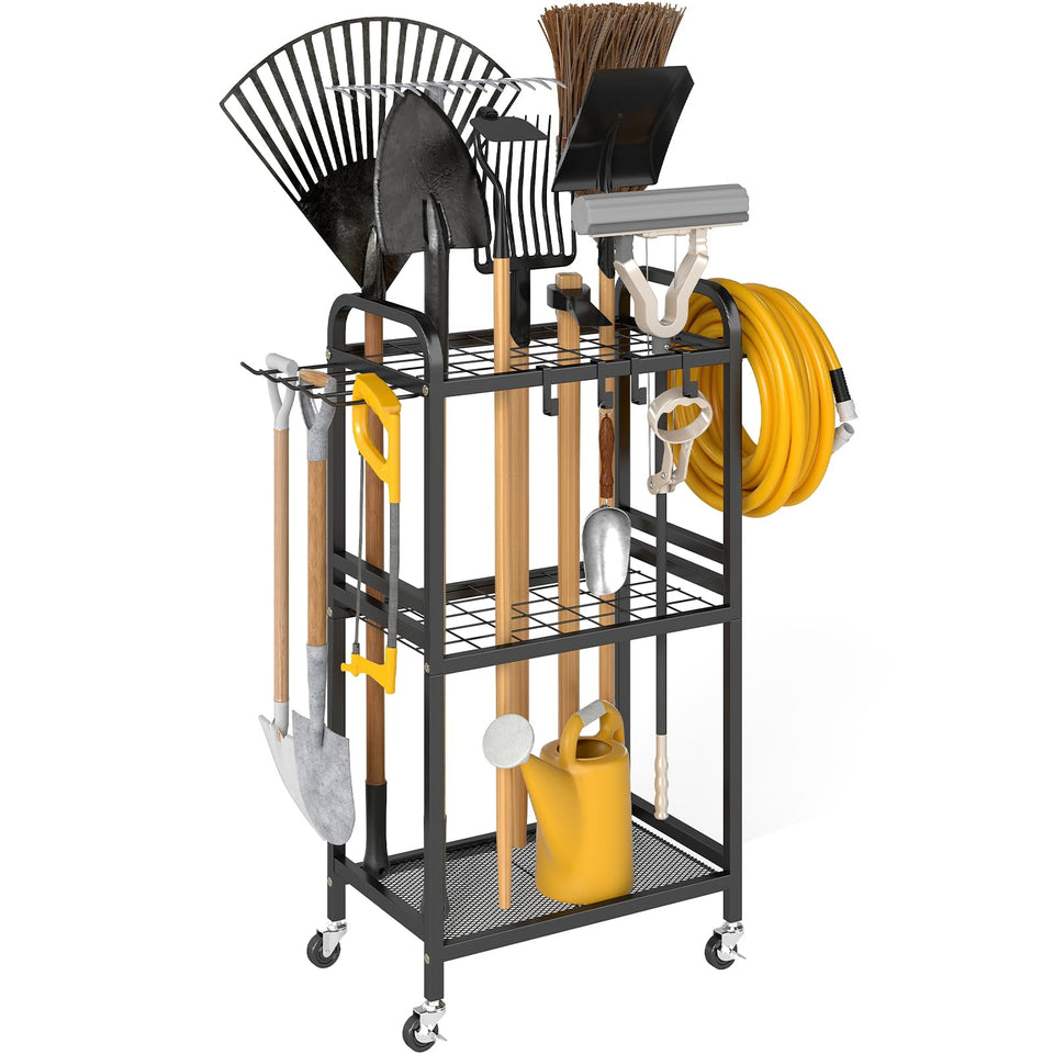 Hadulcet garden tool organizer front view shows sturdy metal build and tidy storage.