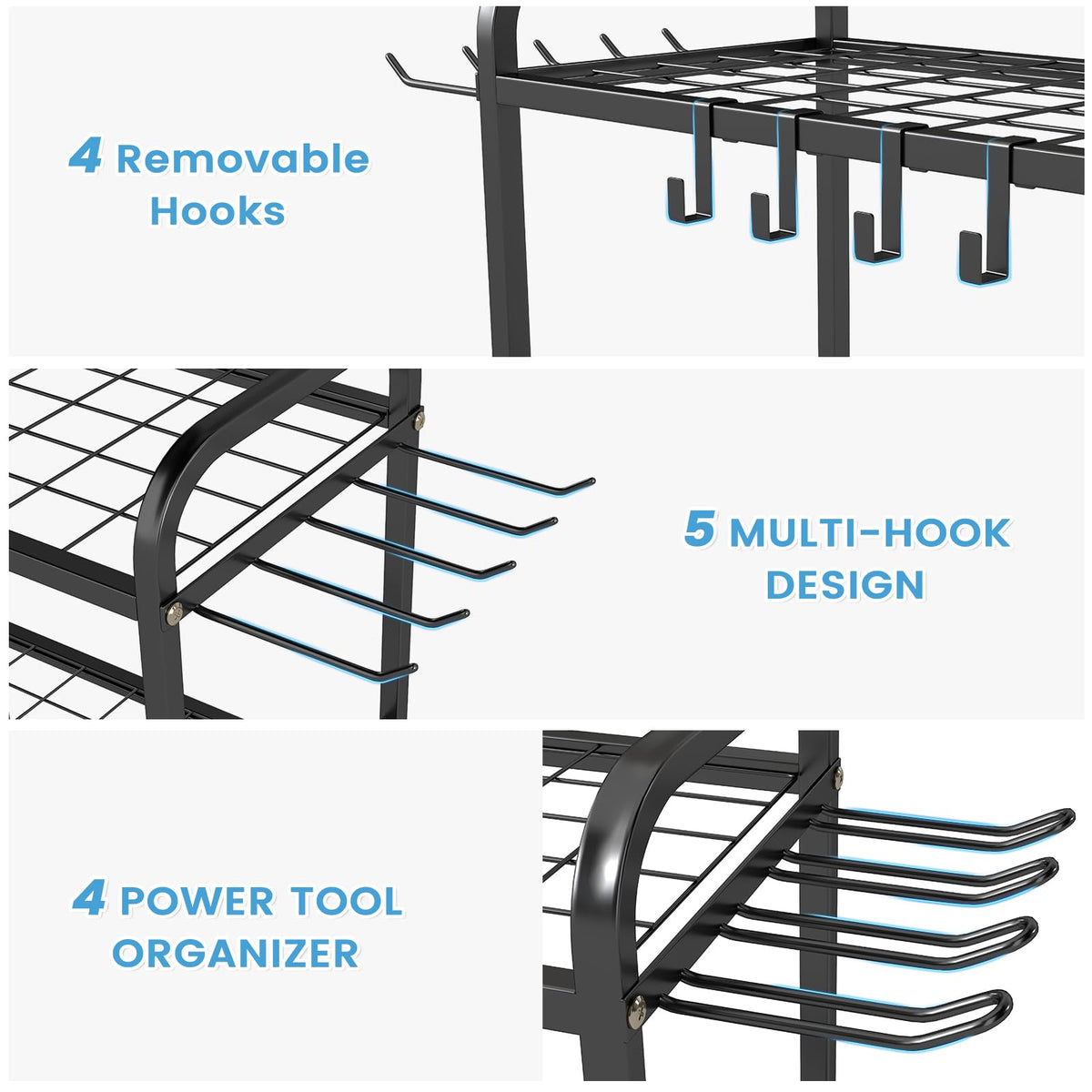 Hadulcet garden tool organizer movable hooks for customizable tool arrangement.