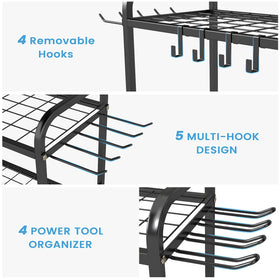 Hadulcet garden tool organizer movable hooks for customizable tool arrangement.