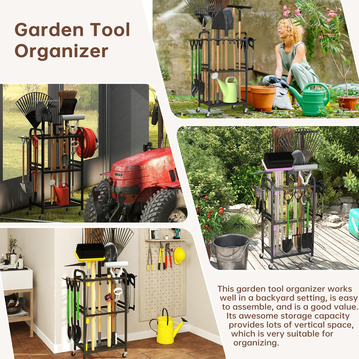 Hadulcet garden tool organizer versatile for outdoor patios, pool maintenance, and workshops.