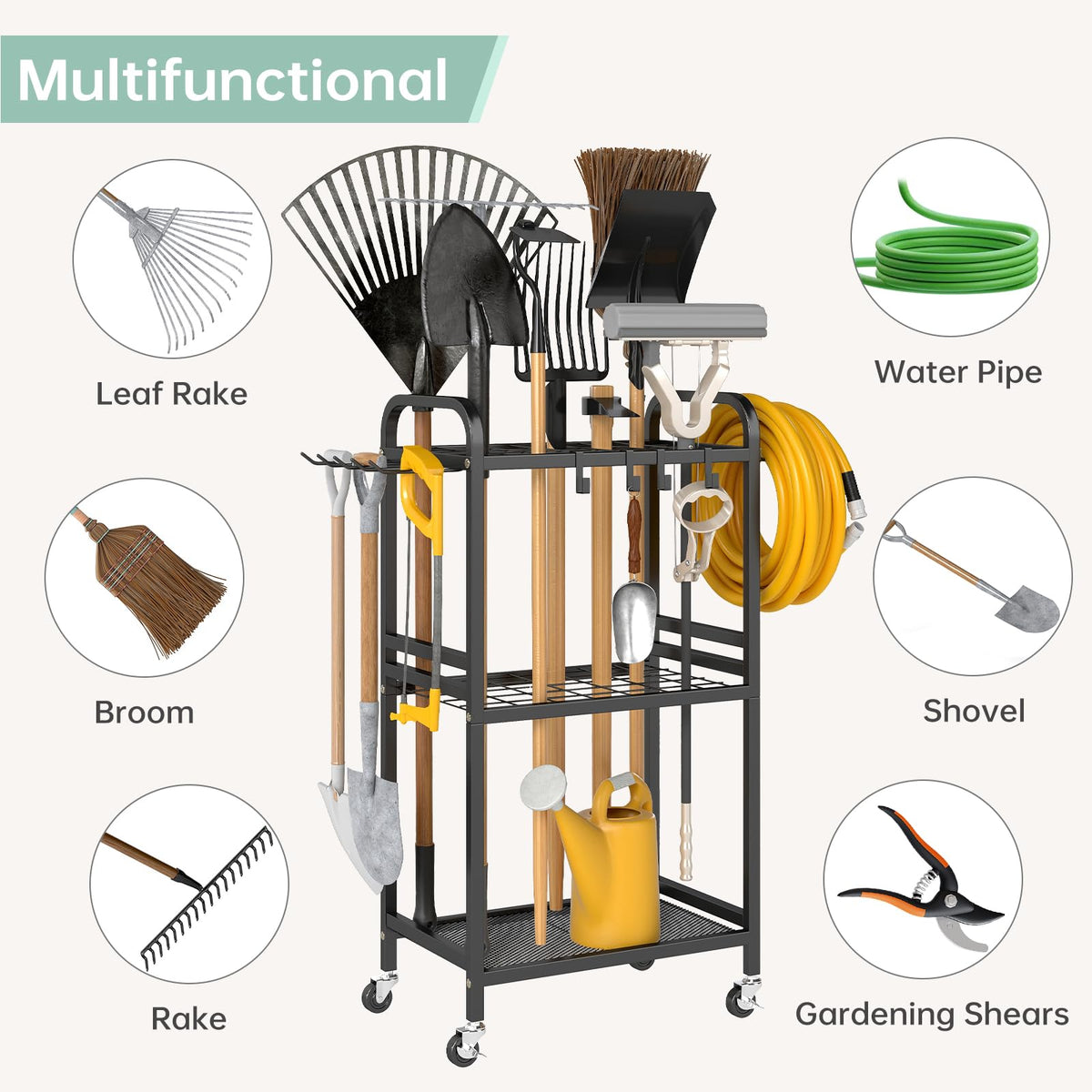 Hadulcet garden tool organizer side panel hooks for towels, hoses, or baskets.