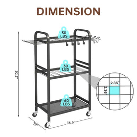 Hadulcet garden tool organizer wheel view highlights lockable wheels for stable placement.