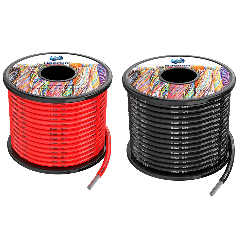Haerkn 12 AWG silicone wire spool in black for flexible power connections.