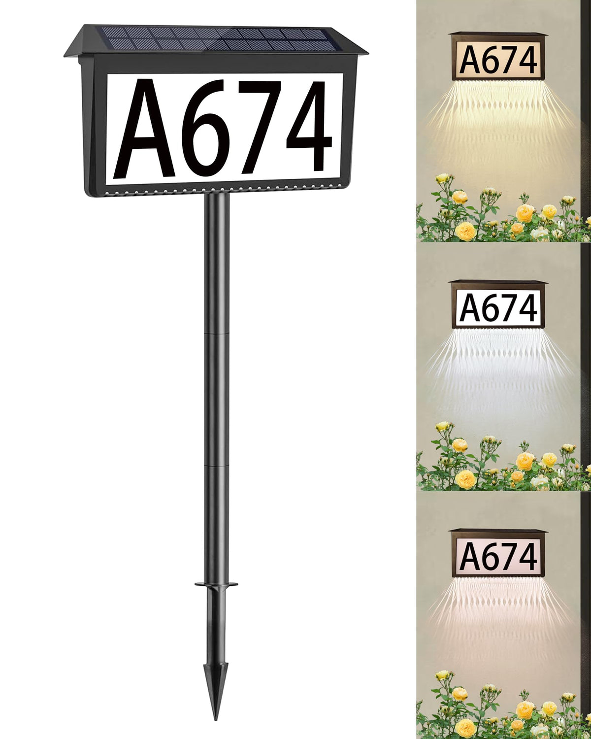 HAHOME solar house numbers mounted on a wall, bright nighttime visibility