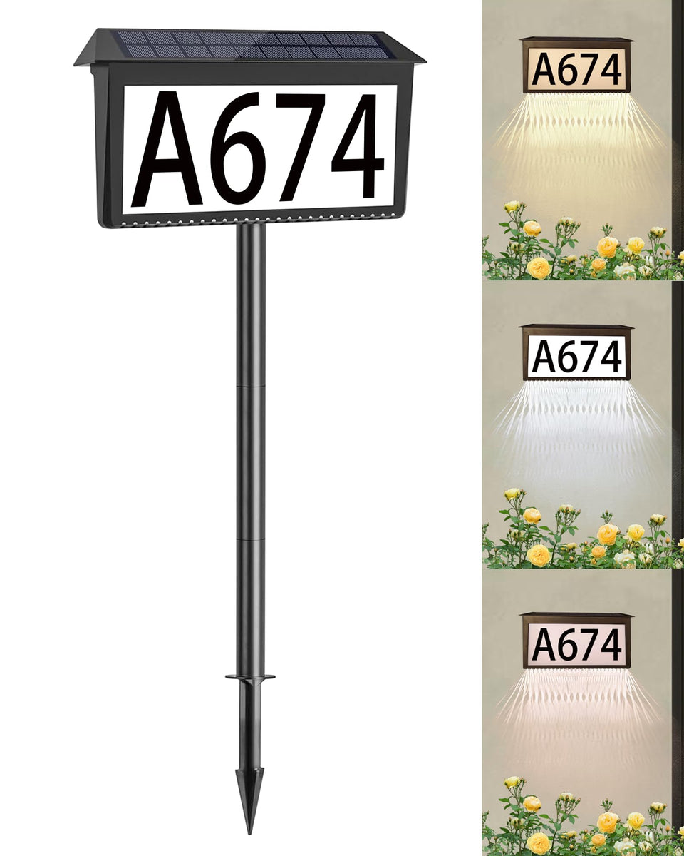 HAHOME solar house numbers mounted on a wall, bright nighttime visibility