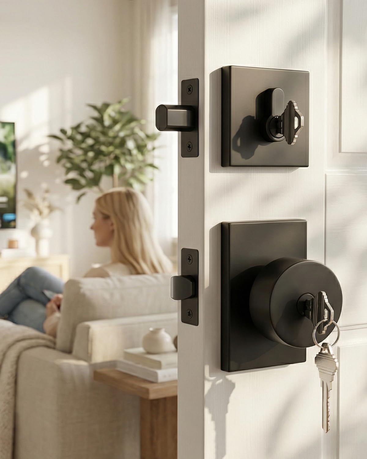 Haidms black door knob with deadbolt front view shows a sturdy matte finish for secure entry.