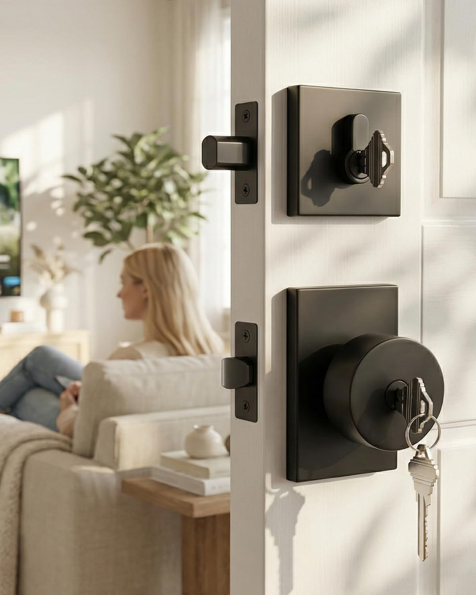 Haidms black door knob with deadbolt front view shows a sturdy matte finish for secure entry.