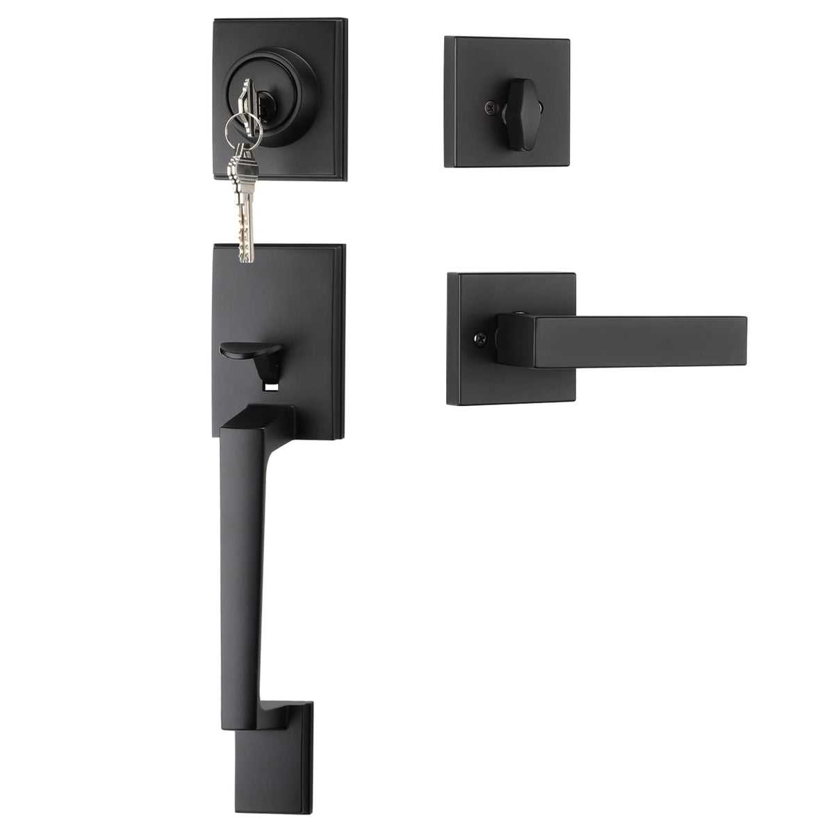 Haidms black front door handle and deadbolt set front view highlighting durable zinc alloy construction