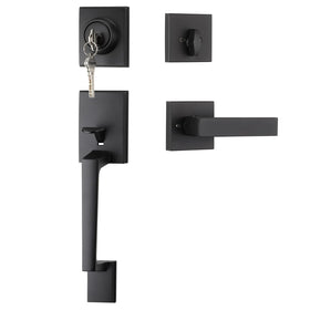Haidms black front door handle and deadbolt set front view highlighting durable zinc alloy construction